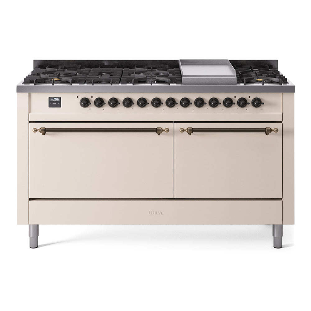 ILVE 60-Inch Nostalgie II Natural Gas Dual Fuel Range with 9 Burners, Griddle and Solid Door Oven in Antique White with Bronze Trim (UP60FQNMPAWB)