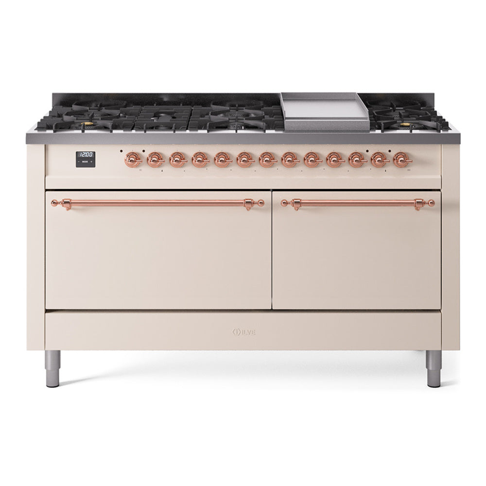 ILVE 60-Inch Nostalgie II Natural Gas Dual Fuel Range with 9 Burners, Griddle and Solid Door Oven in Antique White with Copper Trim (UP60FQNMPAWP)