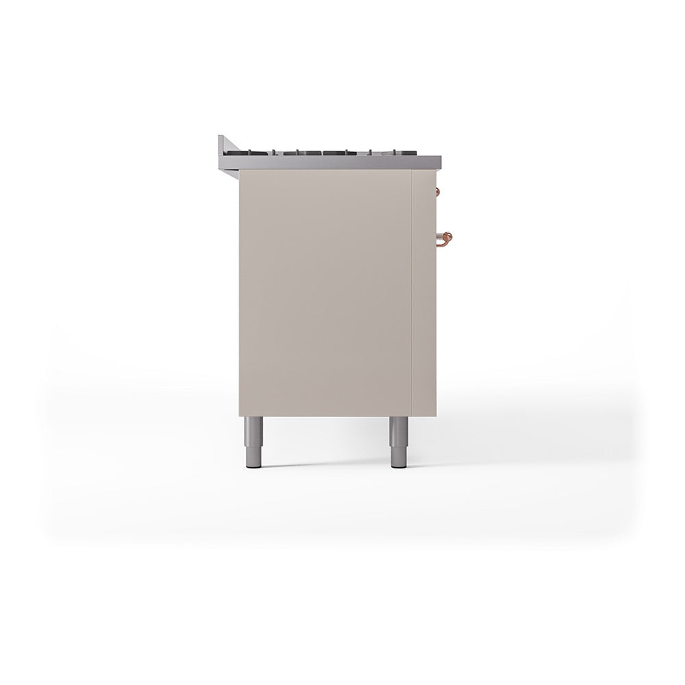 ILVE 60-Inch Nostalgie II Natural Gas Dual Fuel Range with 9 Burners, Griddle and Solid Door Oven in Antique White with Copper Trim (UP60FQNMPAWP)