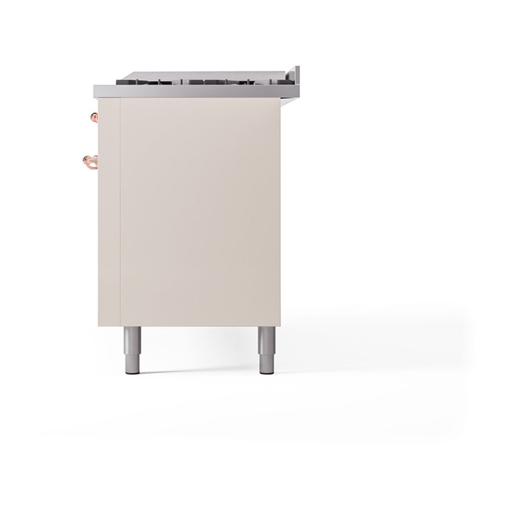ILVE 60-Inch Nostalgie II Natural Gas Dual Fuel Range with 9 Burners, Griddle and Solid Door Oven in Antique White with Copper Trim (UP60FQNMPAWP)