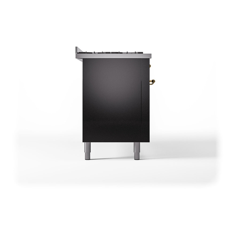 ILVE 60-Inch Nostalgie II Natural Gas Dual Fuel Range with 9 Burners, Griddle and Solid Door Oven in Glossy Black with Brass Trim (UP60FQNMPBKG)