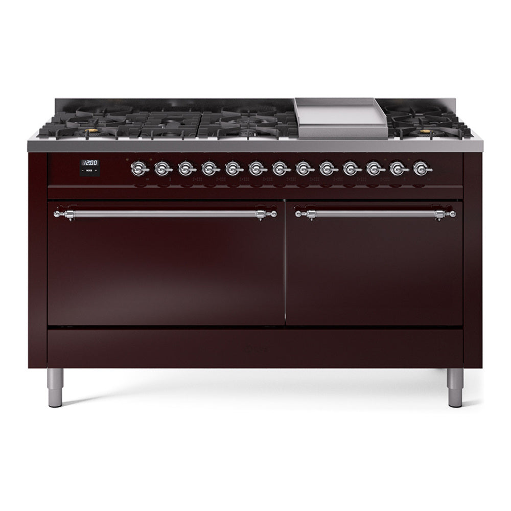 ILVE 60-Inch Nostalgie II Natural Gas Dual Fuel Range with 9 Burners, Griddle and Solid Door Oven in Burgundy with Chrome Trim (UP60FQNMPBUC)
