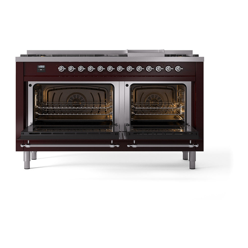 ILVE 60-Inch Nostalgie II Natural Gas Dual Fuel Range with 9 Burners, Griddle and Solid Door Oven in Burgundy with Chrome Trim (UP60FQNMPBUC)