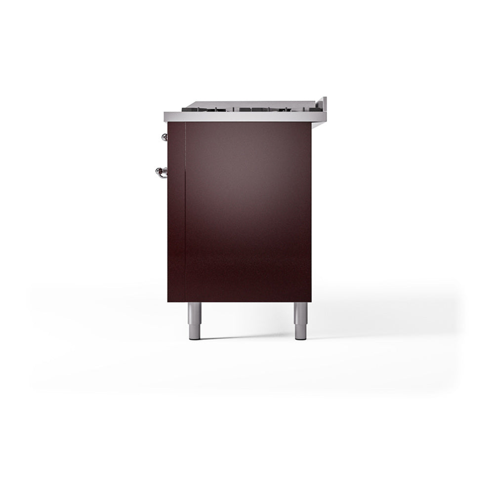 ILVE 60-Inch Nostalgie II Natural Gas Dual Fuel Range with 9 Burners, Griddle and Solid Door Oven in Burgundy with Chrome Trim (UP60FQNMPBUC)
