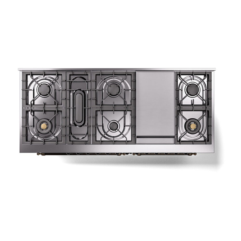 ILVE 60-Inch Nostalgie II Propane Gas Dual Fuel Range with 9 Burners, Griddle, and Solid Door Oven in Matte Graphite with Bronze Trim (UP60FQNMPMGBLP)