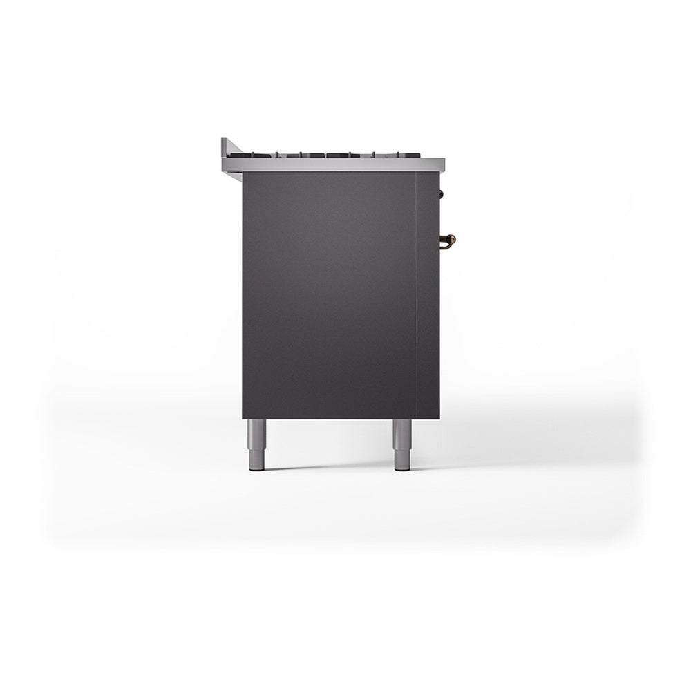 ILVE 60-Inch Nostalgie II Propane Gas Dual Fuel Range with 9 Burners, Griddle, and Solid Door Oven in Matte Graphite with Bronze Trim (UP60FQNMPMGBLP)