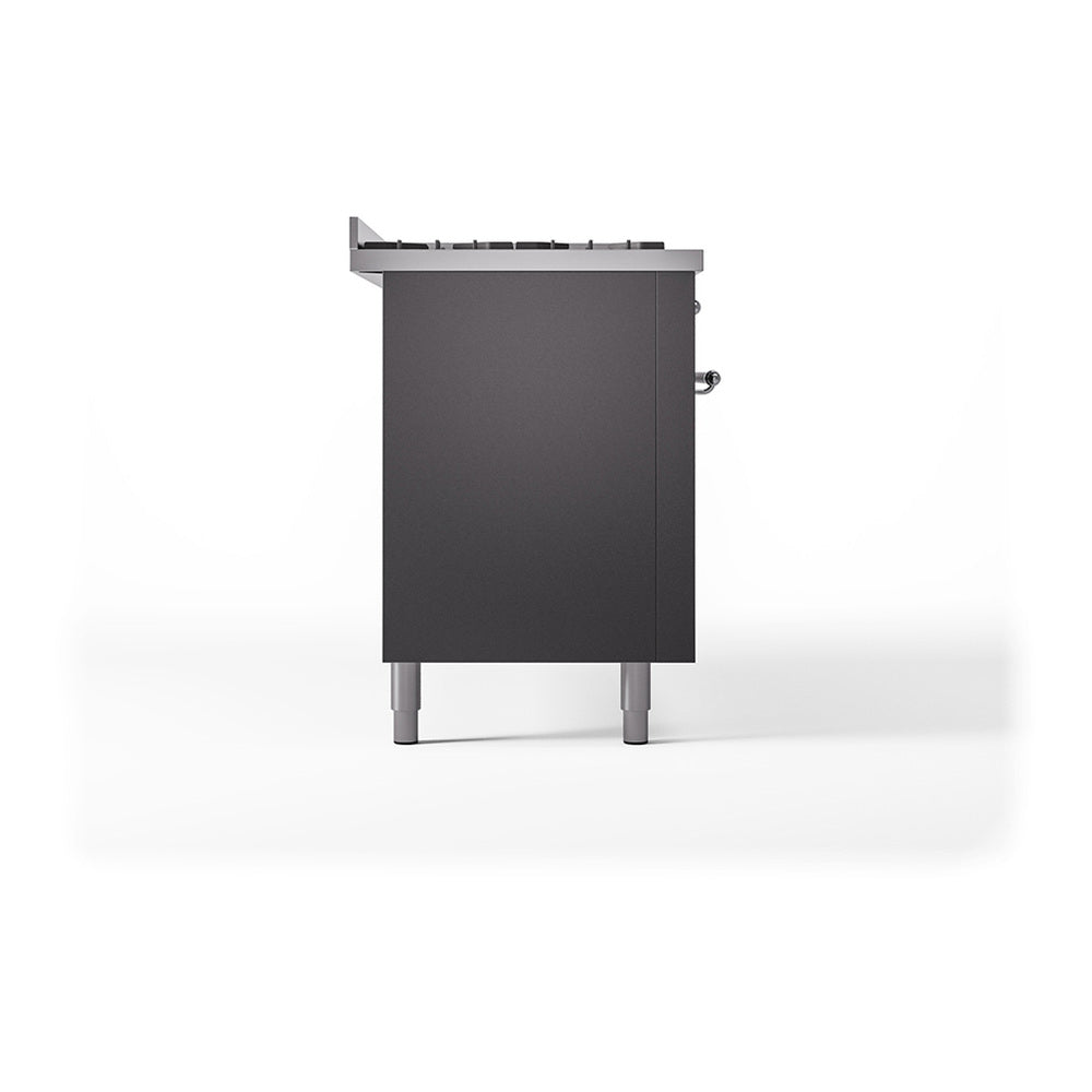 ILVE 60-Inch Nostalgie II Natural Gas Dual Fuel Range with 9 Burners, Griddle, and Solid Door Oven in Matte Graphite with Chrome Trim (UP60FQNMPMGC)