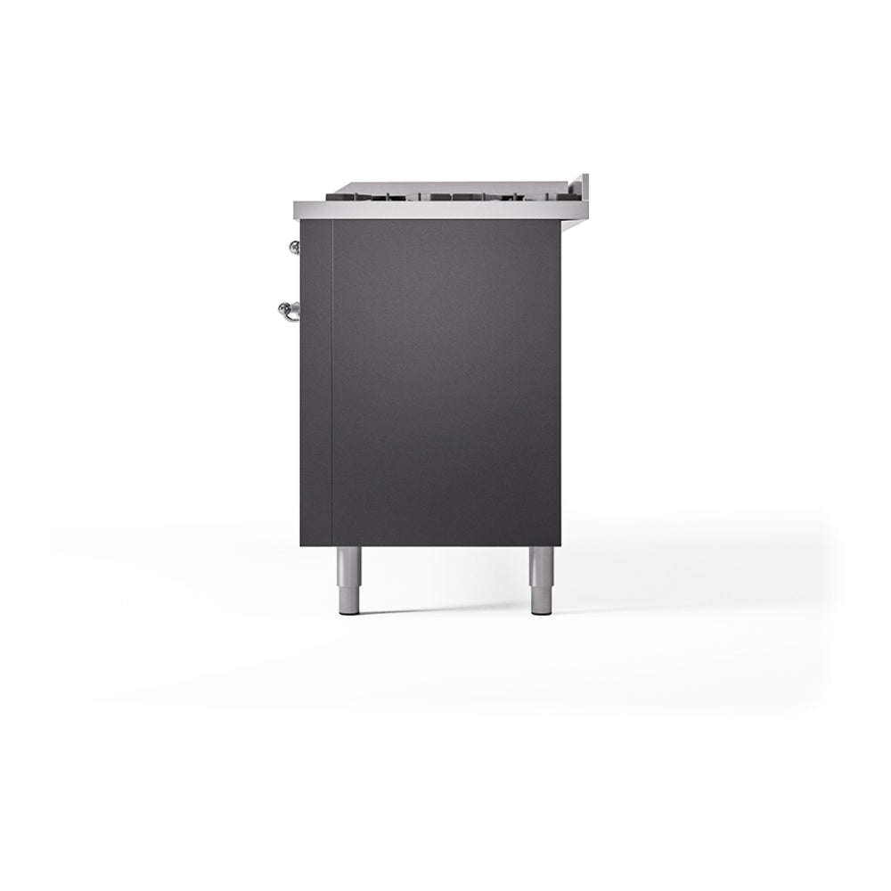 ILVE 60-Inch Nostalgie II Natural Gas Dual Fuel Range with 9 Burners, Griddle, and Solid Door Oven in Matte Graphite with Chrome Trim (UP60FQNMPMGC)