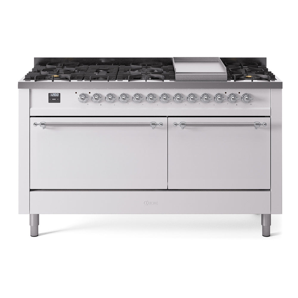 ILVE 60-Inch Nostalgie II Propane Gas Dual Fuel Range with 9 Burners, Griddle, and Solid Door Oven in White with Chrome Trim (UP60FQNMPWHCLP)