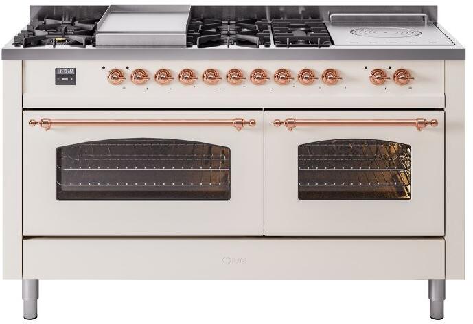 ILVE Nostalgie II 60-Inch Natural Gas Dual Fuel Range with 7 Burners, Griddle, & French Top with Triple Glass Door Oven in Antique White with Copper Trim (UP60FSNMPAWP)