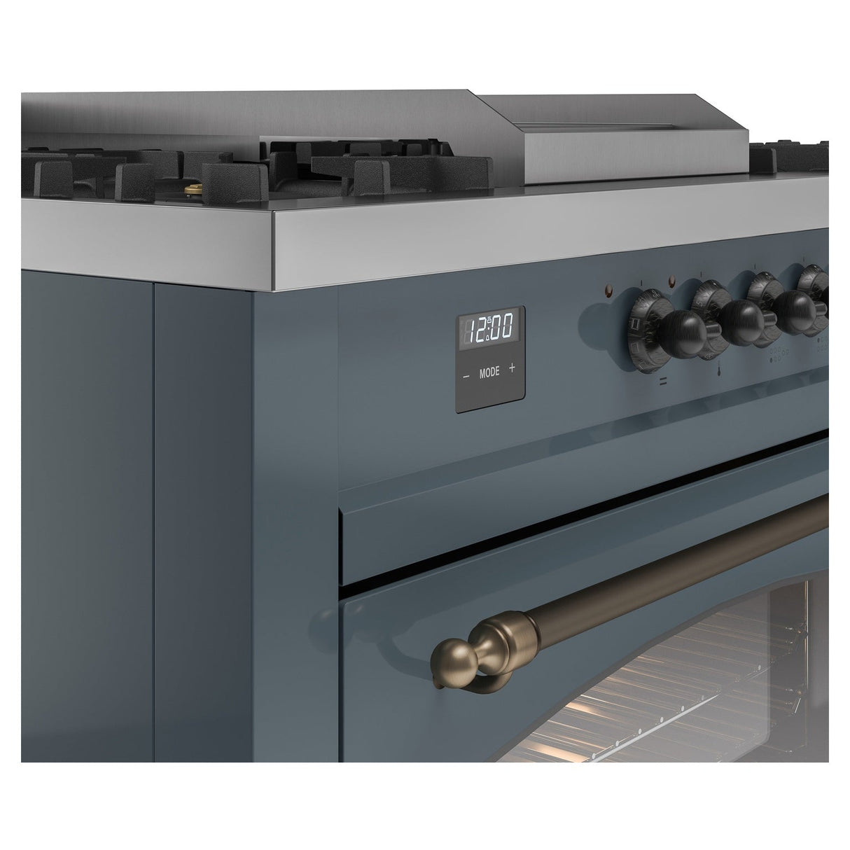 ILVE Nostalgie II 60-Inch Propane Gas Dual Fuel Range with 7 Burners, Griddle, & French Top with Triple Glass Door Oven in Blue Grey with Bronze Trim (UP60FSNMPBGBLP)