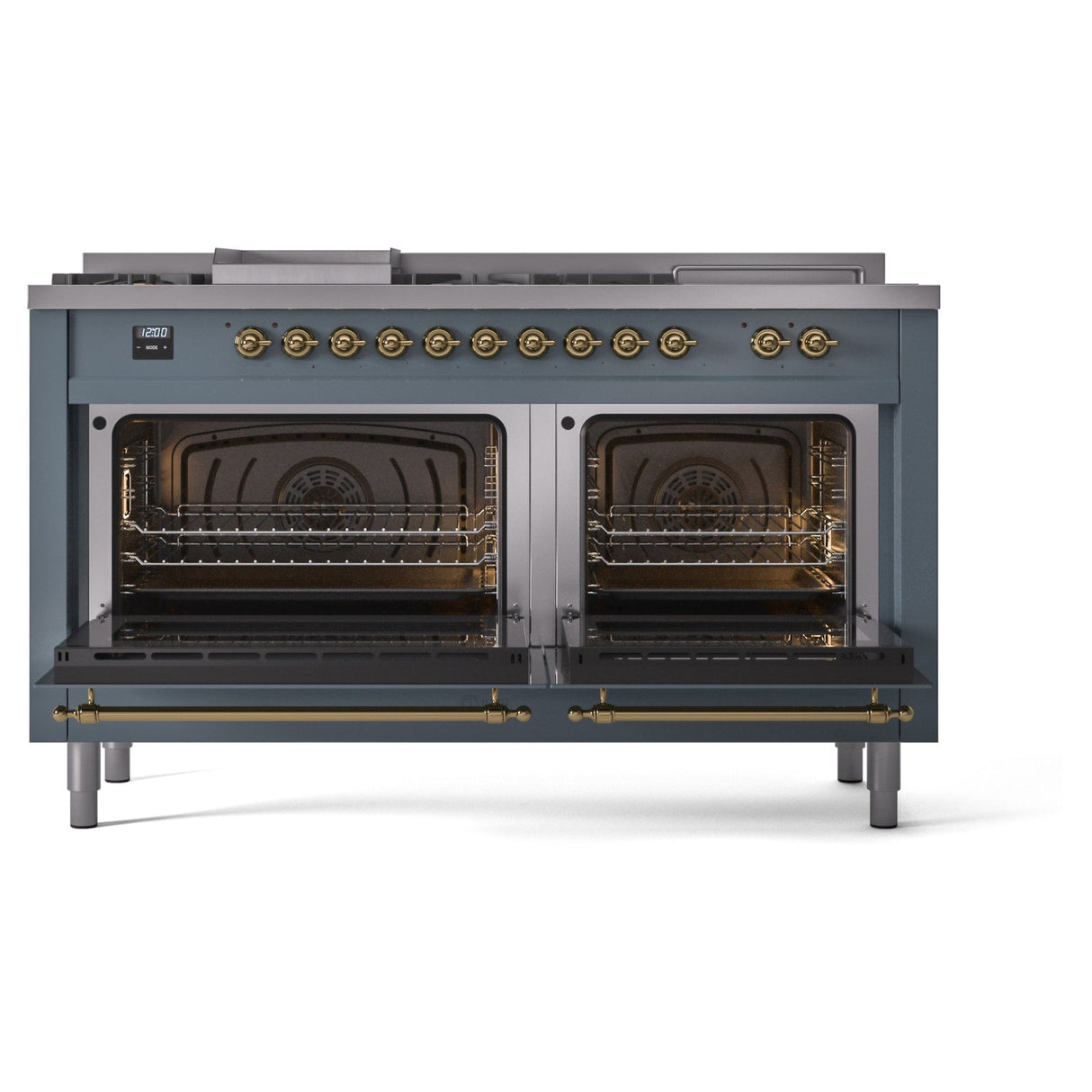 ILVE Nostalgie II 60-Inch Propane Gas Dual Fuel Range with 7 Burners, Griddle, & French Top with Triple Glass Door Oven in Blue Grey with Brass Trim (UP60FSNMPBGGLP)
