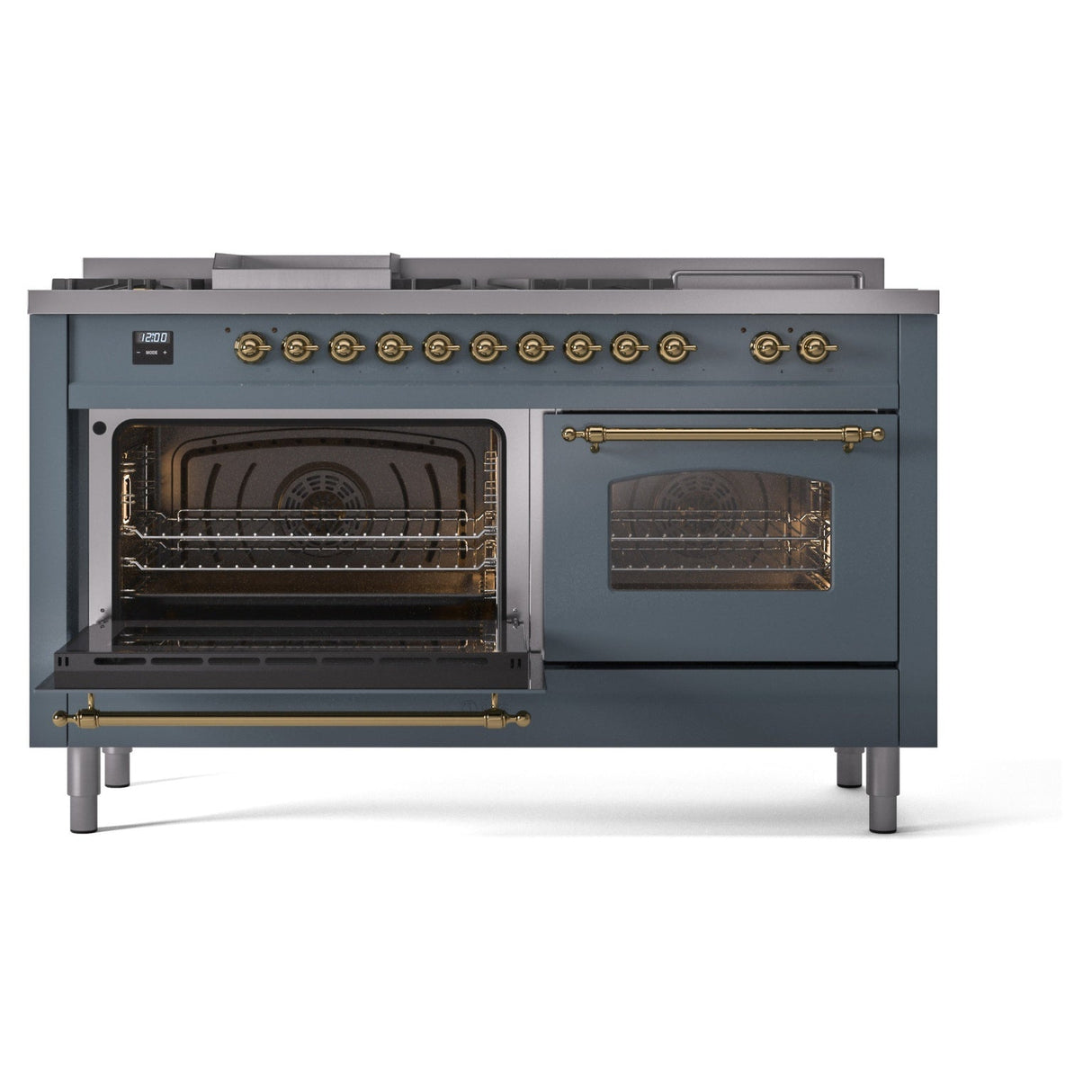 ILVE Nostalgie II 60-Inch Propane Gas Dual Fuel Range with 7 Burners, Griddle, & French Top with Triple Glass Door Oven in Blue Grey with Brass Trim (UP60FSNMPBGGLP)