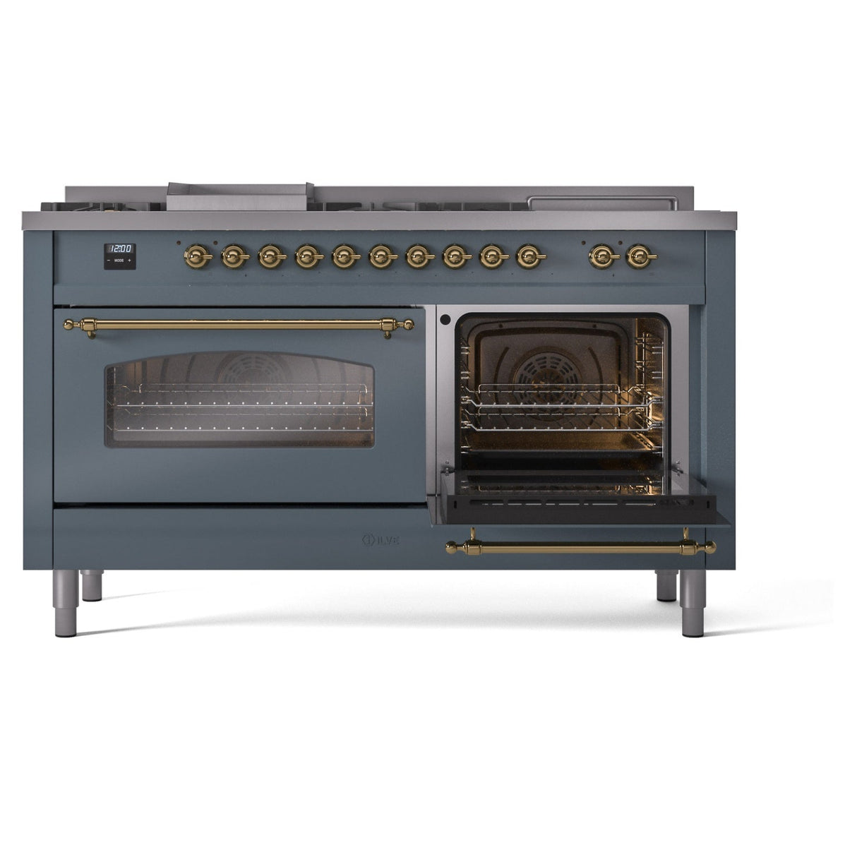ILVE Nostalgie II 60-Inch Propane Gas Dual Fuel Range with 7 Burners, Griddle, & French Top with Triple Glass Door Oven in Blue Grey with Brass Trim (UP60FSNMPBGGLP)