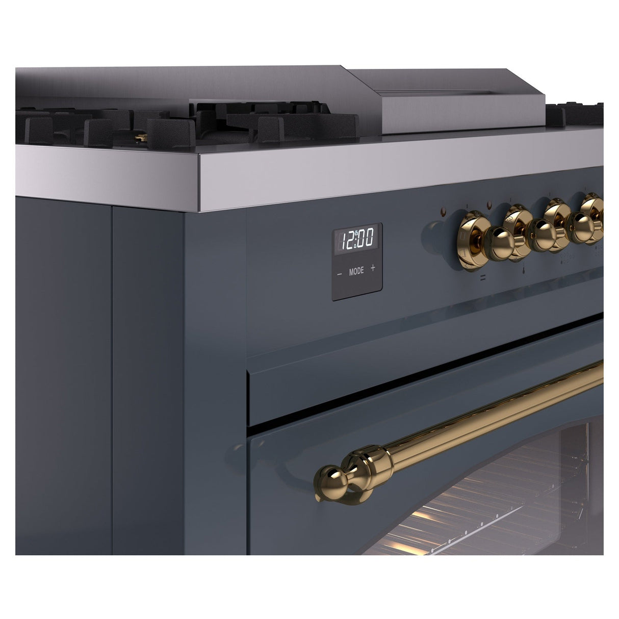 ILVE Nostalgie II 60-Inch Propane Gas Dual Fuel Range with 7 Burners, Griddle, & French Top with Triple Glass Door Oven in Blue Grey with Brass Trim (UP60FSNMPBGGLP)