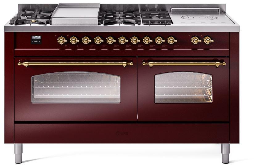 ILVE Nostalgie II 60-Inch Propane Gas Dual Fuel Range with 7 Burners, Griddle, & French Top with Triple Glass Door Oven in Burgundy with Brass Trim (UP60FSNMPBUGLP)