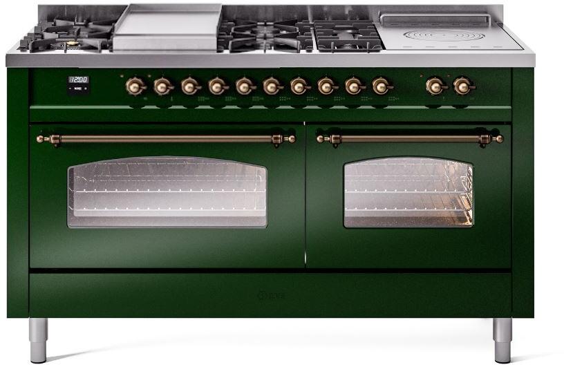ILVE Nostalgie II 60-inch Propane Gas Dual Fuel Range with 7 Burners, Griddle, & French Top with Triple Glass Door Oven in Emerald Green with Bronze Trim (UP60FSNMPEGBLP)