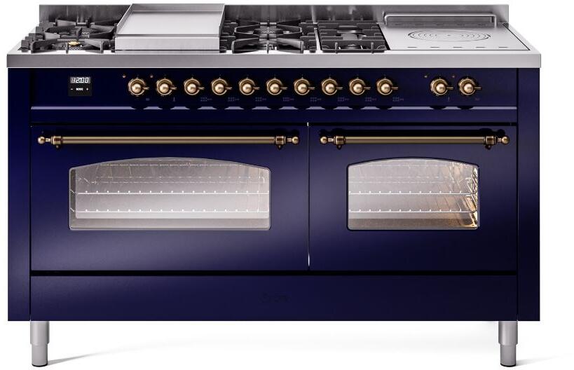 ILVE Nostalgie II 60-Inch Natural Gas Dual Fuel Range with 7 Burners, Griddle, & French Top with Triple Glass Door Oven in Midnight Blue with Bronze Trim (UP60FSNMPMBB)