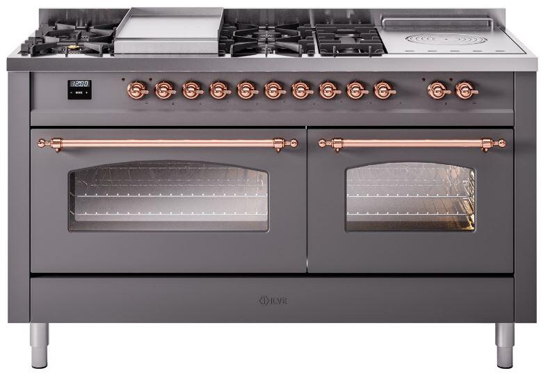 ILVE Nostalgie II 60-Inch Propane Gas Dual Fuel Range with 7 Burners, Griddle, & French Top with Triple Glass Door Oven in Matte Graphite with Copper Trim (UP60FSNMPMGPLP)