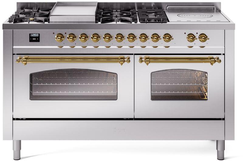 ILVE Nostalgie II 60-Inch Natural Gas Dual Fuel Range with 7 Burners, Griddle, & French Top with Triple Glass Door Oven in Stainless Steel with Brass Trim (UP60FSNMPSSG)