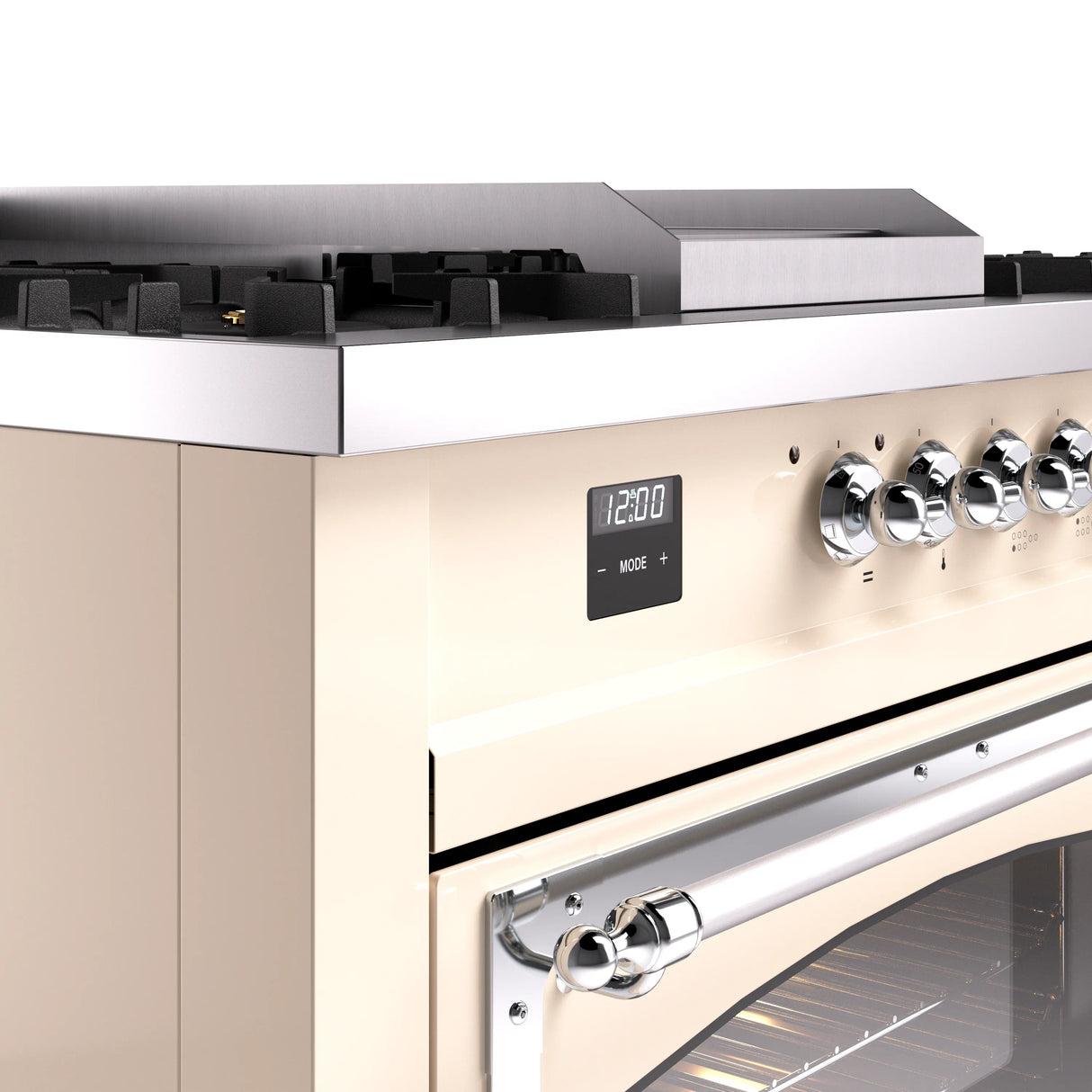 ILVE 60-Inch Nostalgie II Noblesse Natural Gas Dual Fuel Range with 7 Sealed Burners, Griddle, French Top and Triple Glass Door Oven in Antique White with Chrome Trim (UN60FSNMPAWC)