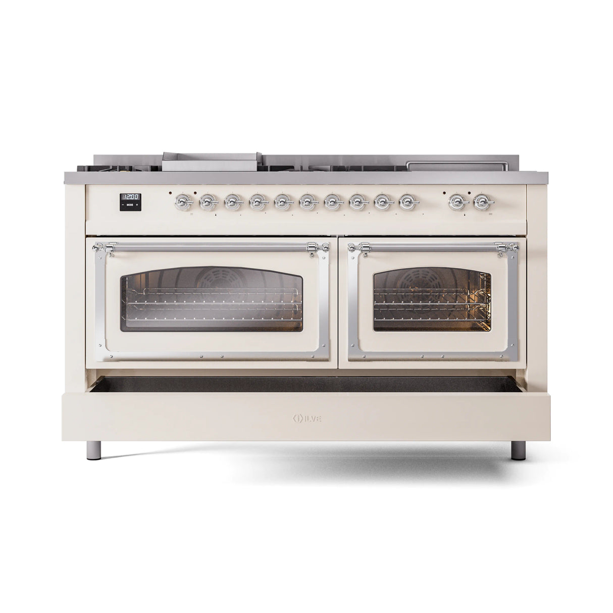 ILVE 60-Inch Nostalgie II Noblesse Natural Gas Dual Fuel Range with 7 Sealed Burners, Griddle, French Top and Triple Glass Door Oven in Antique White with Chrome Trim (UN60FSNMPAWC)