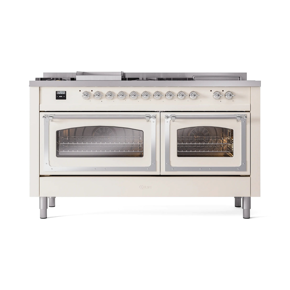 ILVE 60-Inch Nostalgie II Noblesse Natural Gas Dual Fuel Range with 7 Sealed Burners, Griddle, French Top and Triple Glass Door Oven in Antique White with Chrome Trim (UN60FSNMPAWC)