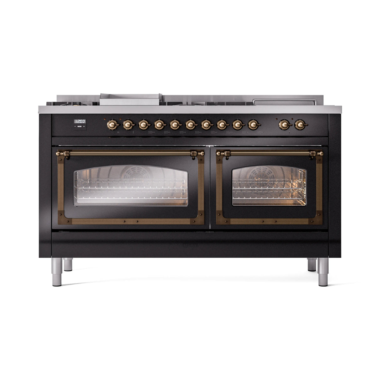 ILVE 60-Inch Nostalgie II Noblesse Natural Gas Dual Fuel Range with 7 Sealed Burners, Griddle, French Top and Triple Glass Door Oven in Glossy Black with Bronze Trim (UN60FSNMPBKB)