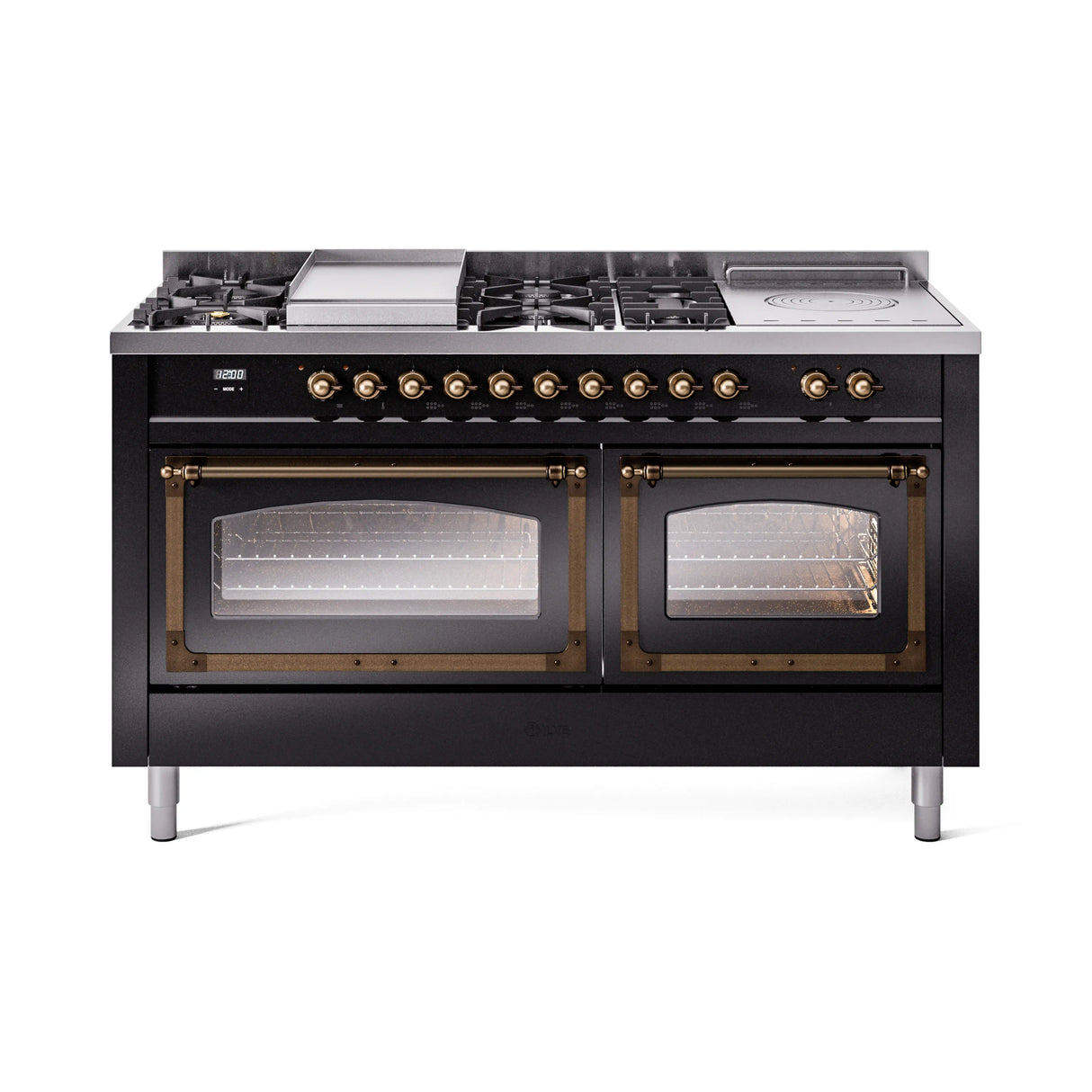 ILVE 60-Inch Nostalgie II Noblesse Natural Gas Dual Fuel Range with 7 Sealed Burners, Griddle, French Top and Triple Glass Door Oven in Glossy Black with Bronze Trim (UN60FSNMPBKB)