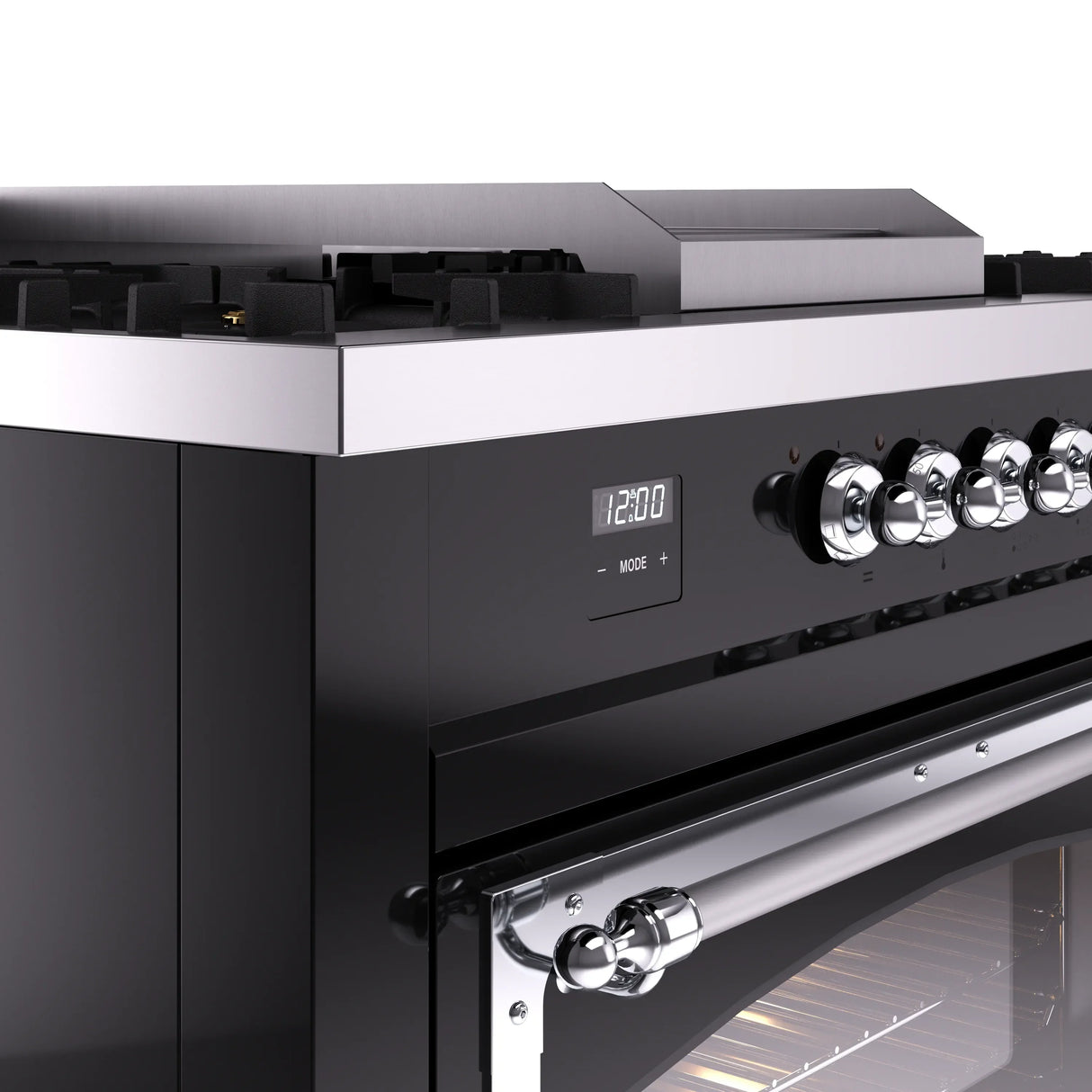 ILVE 60-Inch Nostalgie II Noblesse Natural Gas Dual Fuel Range with 7 Sealed Burners, Griddle, French Top and Triple Glass Door Oven in Glossy Black with Chrome Trim (UN60FSNMPBKC)