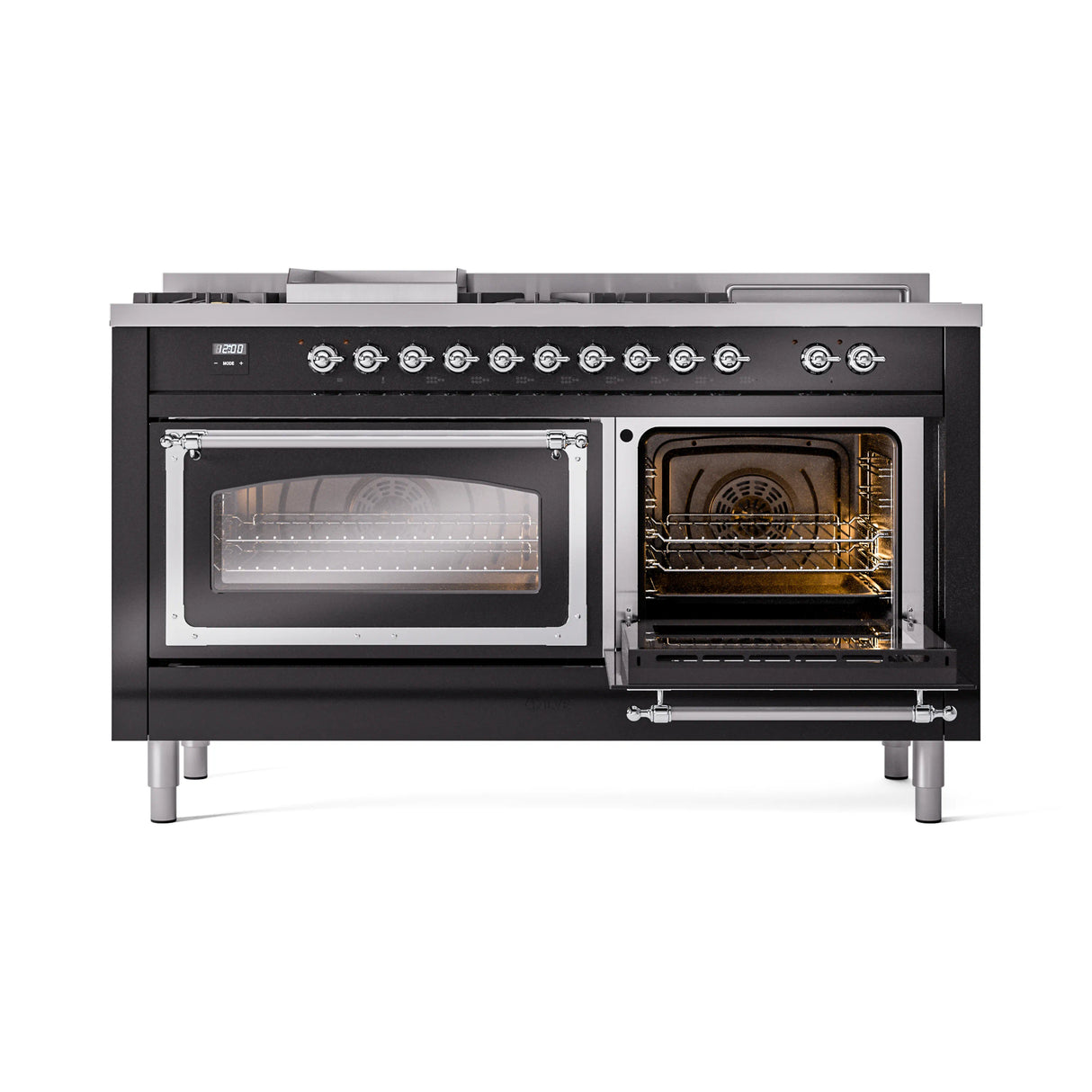 ILVE 60-Inch Nostalgie II Noblesse Natural Gas Dual Fuel Range with 7 Sealed Burners, Griddle, French Top and Triple Glass Door Oven in Glossy Black with Chrome Trim (UN60FSNMPBKC)
