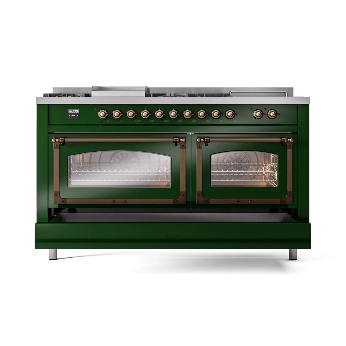 ILVE 60-Inch Nostalgie II Noblesse Natural Gas Dual Fuel Range with 7 Sealed Burners, Griddle, French Top, and Triple Glass Door Oven in Emerald Green with Bronze Trim (UN60FSNMPEGB)