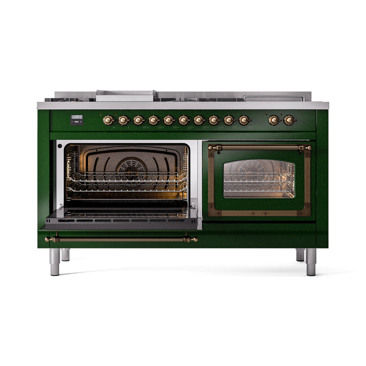 ILVE 60-Inch Nostalgie II Noblesse Natural Gas Dual Fuel Range with 7 Sealed Burners, Griddle, French Top, and Triple Glass Door Oven in Emerald Green with Bronze Trim (UN60FSNMPEGB)