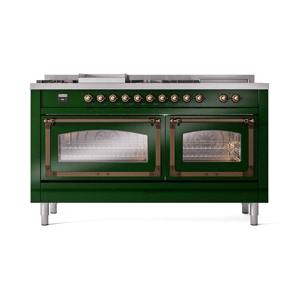 ILVE 60-Inch Nostalgie II Noblesse Natural Gas Dual Fuel Range with 7 Sealed Burners, Griddle, French Top, and Triple Glass Door Oven in Emerald Green with Bronze Trim (UN60FSNMPEGB)