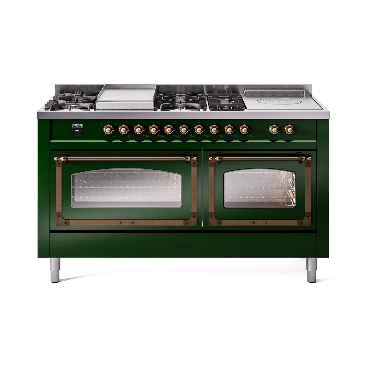 ILVE 60-Inch Nostalgie II Noblesse Natural Gas Dual Fuel Range with 7 Sealed Burners, Griddle, French Top, and Triple Glass Door Oven in Emerald Green with Bronze Trim (UN60FSNMPEGB)