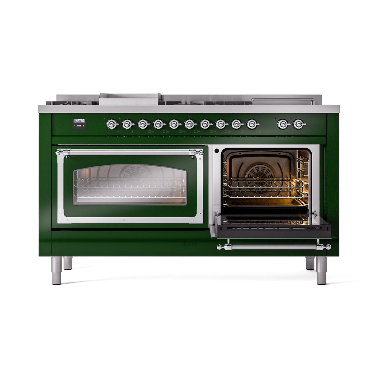 ILVE 60-Inch Nostalgie II Noblesse Natural Gas Dual Fuel Range with 7 Sealed Burners, Griddle, French Top, and Triple Glass Door Oven in Emerald Green with Chrome Trim (UN60FSNMPEGC)