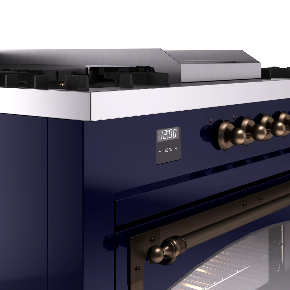ILVE 60-Inch Nostalgie II Noblesse Natural Gas Dual Fuel Range with 7 Sealed Burners, Griddle, French Top, and Triple Glass Door Oven in Midnight Blue with Bronze Trim (UN60FSNMPMBB)