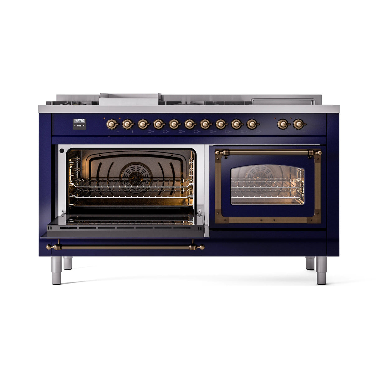 ILVE 60-Inch Nostalgie II Noblesse Natural Gas Dual Fuel Range with 7 Sealed Burners, Griddle, French Top, and Triple Glass Door Oven in Midnight Blue with Bronze Trim (UN60FSNMPMBB)
