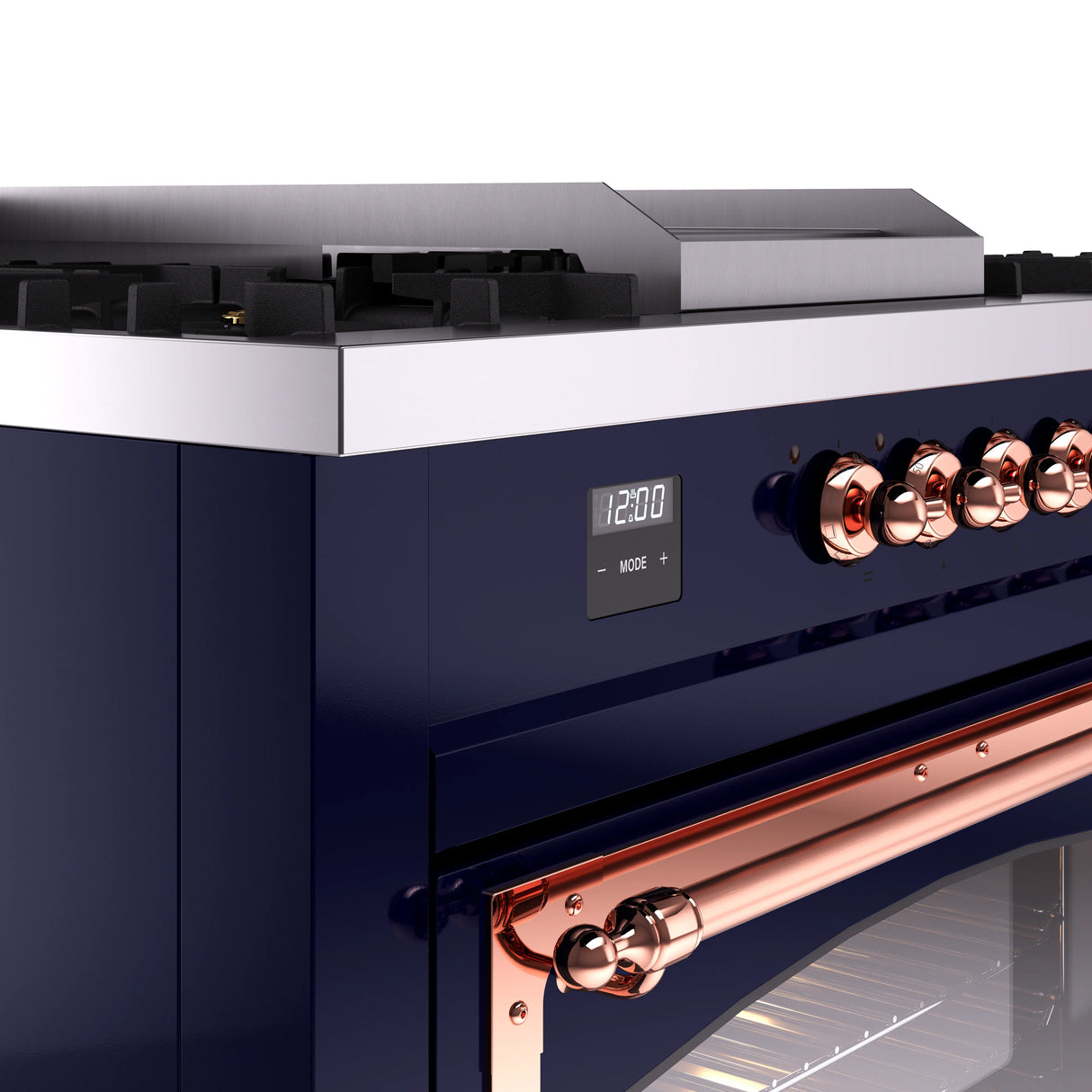 ILVE 60-Inch Nostalgie II Noblesse Natural Gas Dual Fuel Range with 7 Sealed Burners, Griddle, French Top, and Triple Glass Door Oven in Midnight Blue with Copper Trim (UN60FSNMPMBP)