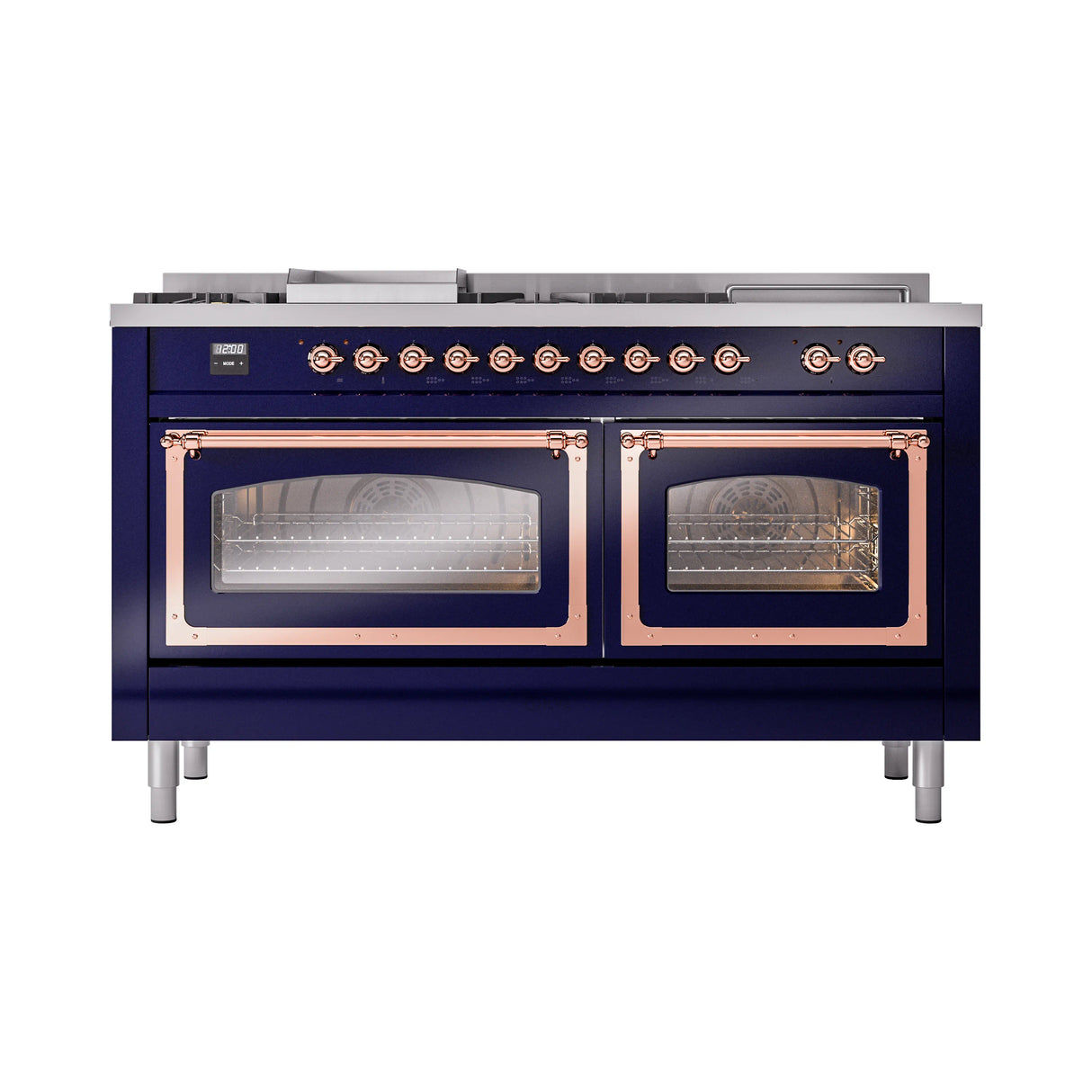 ILVE 60-Inch Nostalgie II Noblesse Natural Gas Dual Fuel Range with 7 Sealed Burners, Griddle, French Top, and Triple Glass Door Oven in Midnight Blue with Copper Trim (UN60FSNMPMBP)