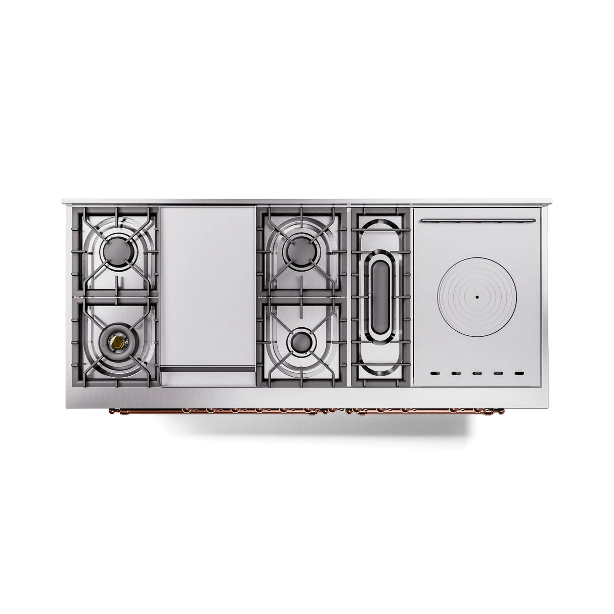 ILVE 60-Inch Nostalgie II Noblesse Natural Gas Dual Fuel Range with 7 Sealed Burners, Griddle, French Top, and Triple Glass Door Oven in Midnight Blue with Copper Trim (UN60FSNMPMBP)