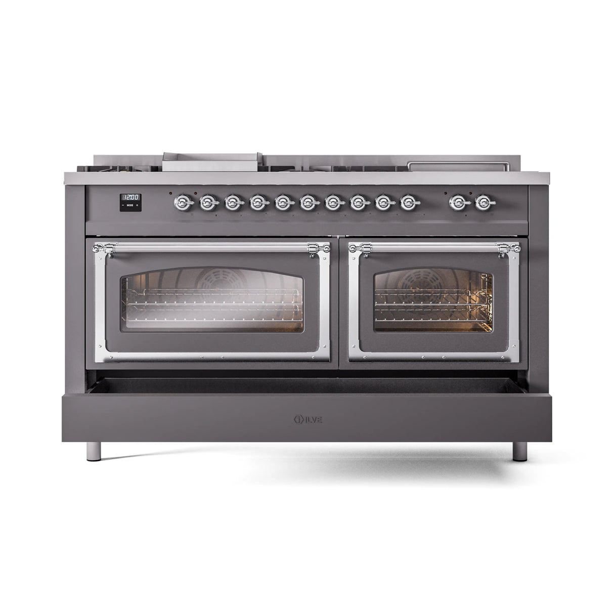 ILVE 60-Inch Nostalgie II Noblesse Propane Gas Dual Fuel Range with 7 Sealed Burners, Griddle, French Top, and Triple Glass Door Oven in Matte Graphite with Chrome Trim (UN60FSNMPMGCLP)