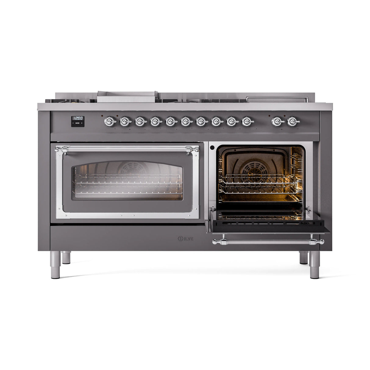 ILVE 60-Inch Nostalgie II Noblesse Propane Gas Dual Fuel Range with 7 Sealed Burners, Griddle, French Top, and Triple Glass Door Oven in Matte Graphite with Chrome Trim (UN60FSNMPMGCLP)