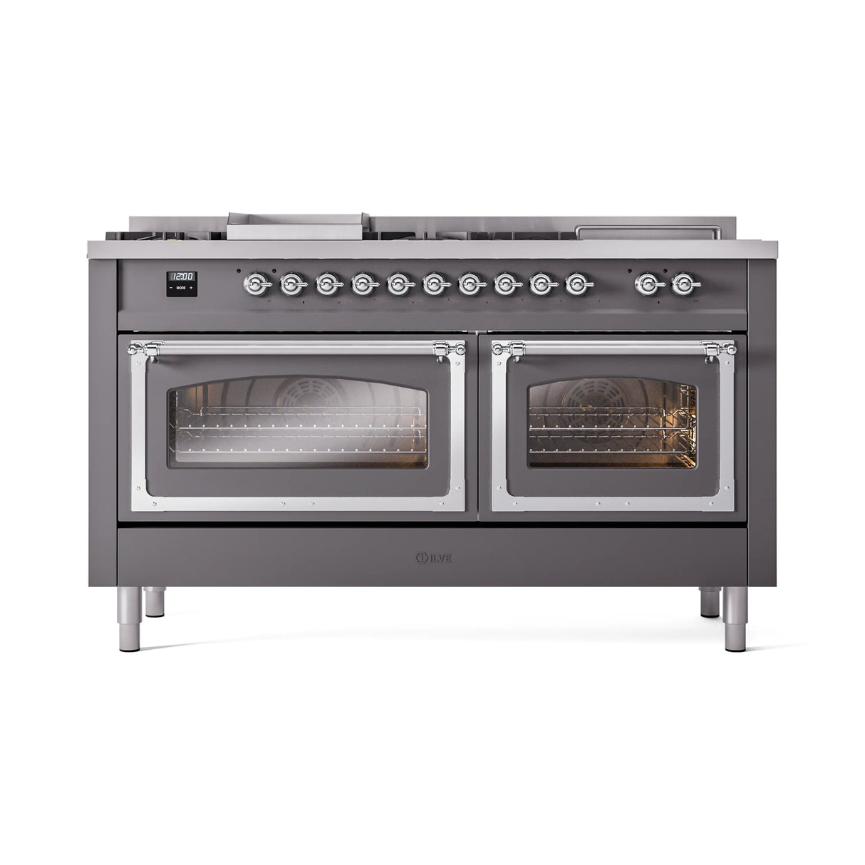 ILVE 60-Inch Nostalgie II Noblesse Propane Gas Dual Fuel Range with 7 Sealed Burners, Griddle, French Top, and Triple Glass Door Oven in Matte Graphite with Chrome Trim (UN60FSNMPMGCLP)