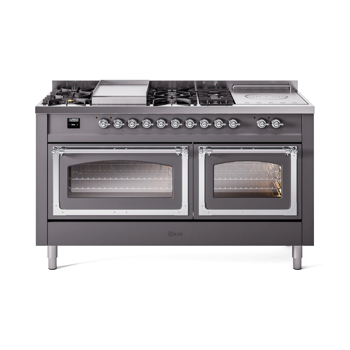 ILVE 60-Inch Nostalgie II Noblesse Propane Gas Dual Fuel Range with 7 Sealed Burners, Griddle, French Top, and Triple Glass Door Oven in Matte Graphite with Chrome Trim (UN60FSNMPMGCLP)
