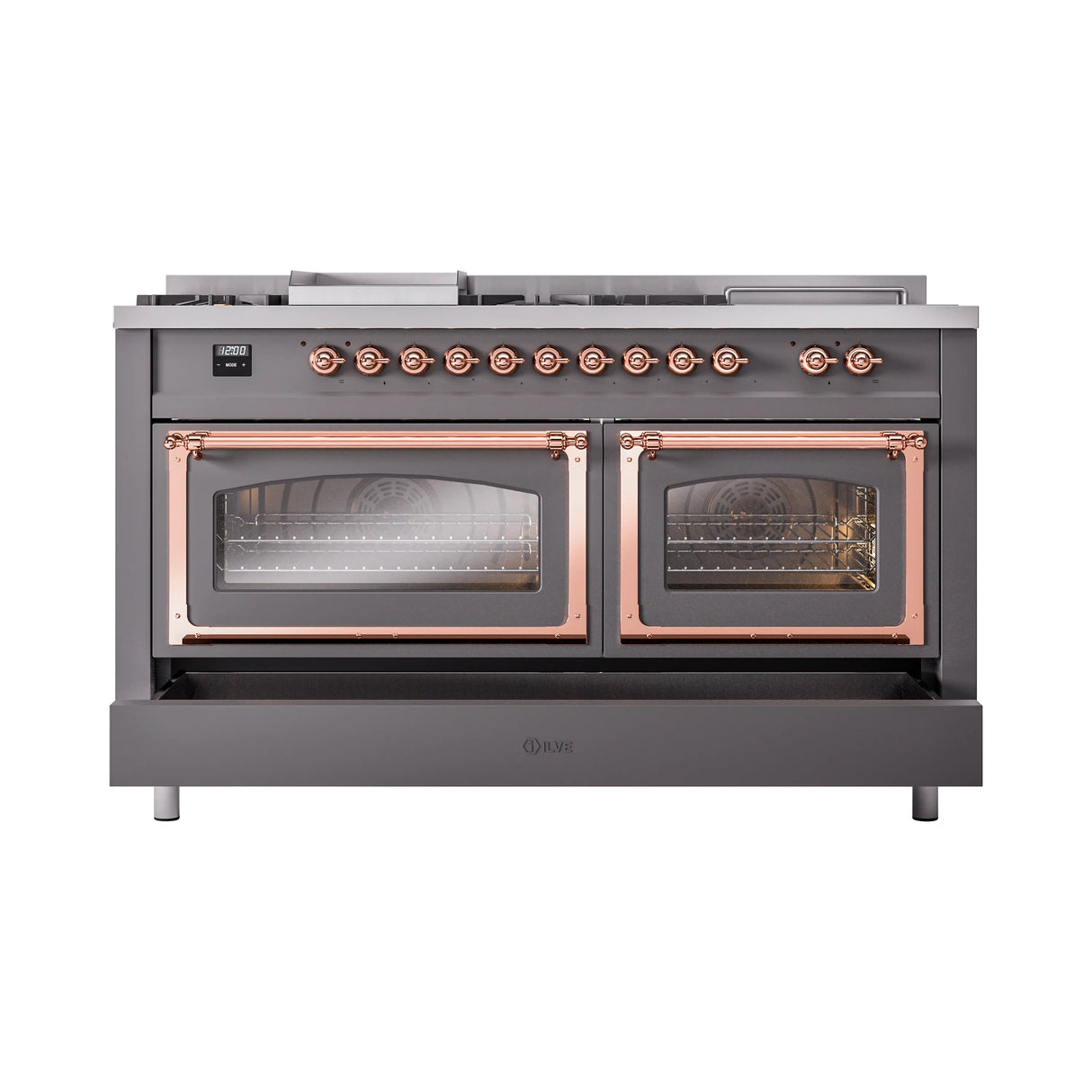 ILVE 60-Inch Nostalgie II Noblesse Propane Gas Dual Fuel Range with 7 Sealed Burners, Griddle, French Top, and Triple Glass Door Oven in Matte Graphite with Copper Trim (UN60FSNMPMGPLP)