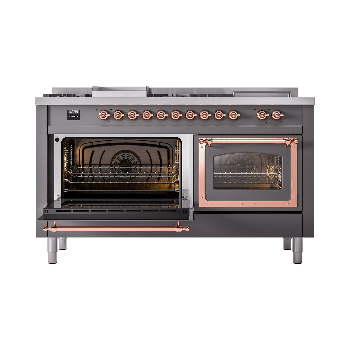 ILVE 60-Inch Nostalgie II Noblesse Propane Gas Dual Fuel Range with 7 Sealed Burners, Griddle, French Top, and Triple Glass Door Oven in Matte Graphite with Copper Trim (UN60FSNMPMGPLP)
