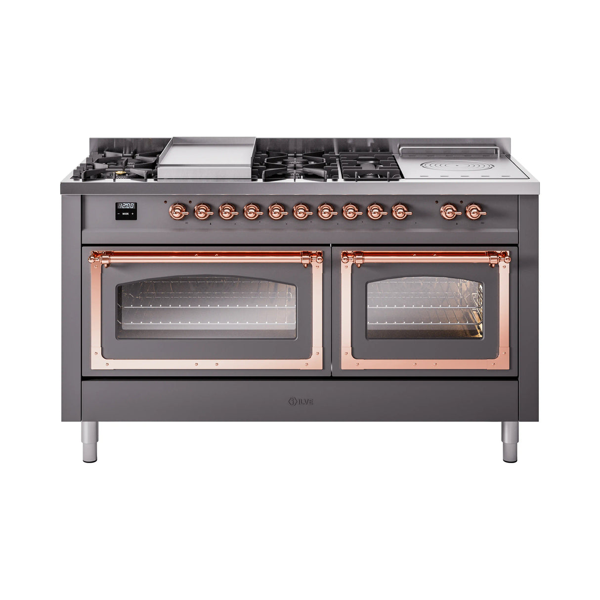 ILVE 60-Inch Nostalgie II Noblesse Propane Gas Dual Fuel Range with 7 Sealed Burners, Griddle, French Top, and Triple Glass Door Oven in Matte Graphite with Copper Trim (UN60FSNMPMGPLP)