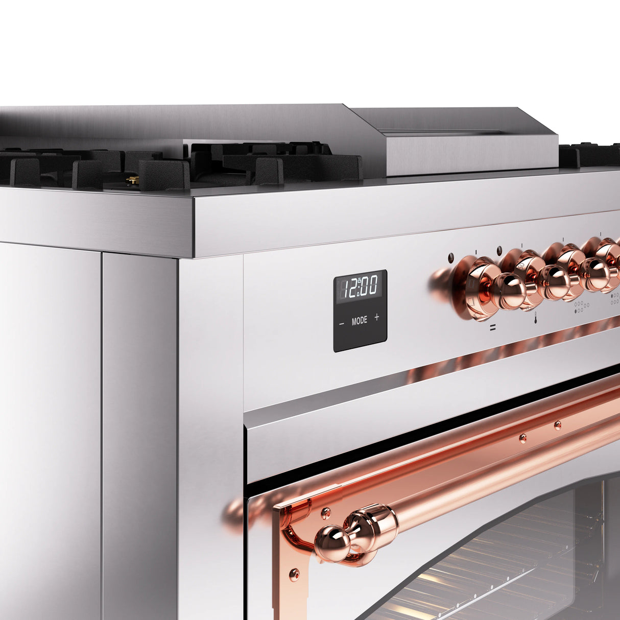 ILVE 60-Inch Nostalgie II Noblesse Propane Gas Dual Fuel Range with 7 Sealed Burners, Griddle, French Top and Triple Glass Door Oven in Stainless Steel with Copper Trim (UN60FSNMPSSPLP)