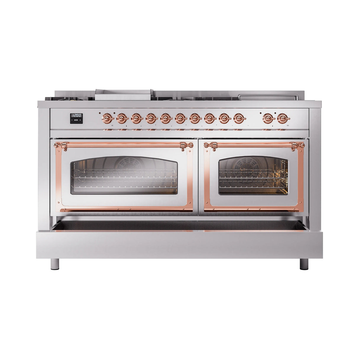 ILVE 60-Inch Nostalgie II Noblesse Propane Gas Dual Fuel Range with 7 Sealed Burners, Griddle, French Top and Triple Glass Door Oven in Stainless Steel with Copper Trim (UN60FSNMPSSPLP)
